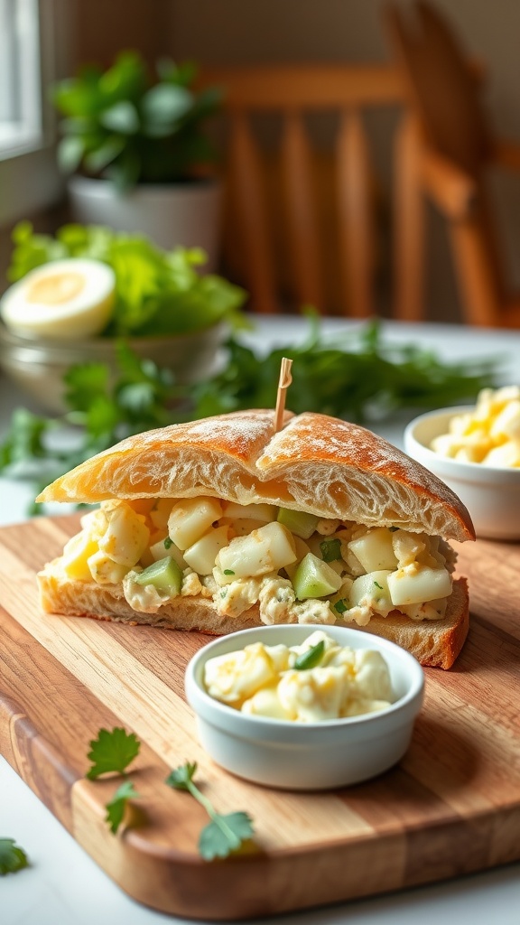 Egg salad sandwich with creamy filling, cut in half, served on a wooden board with a bowl of egg salad.
